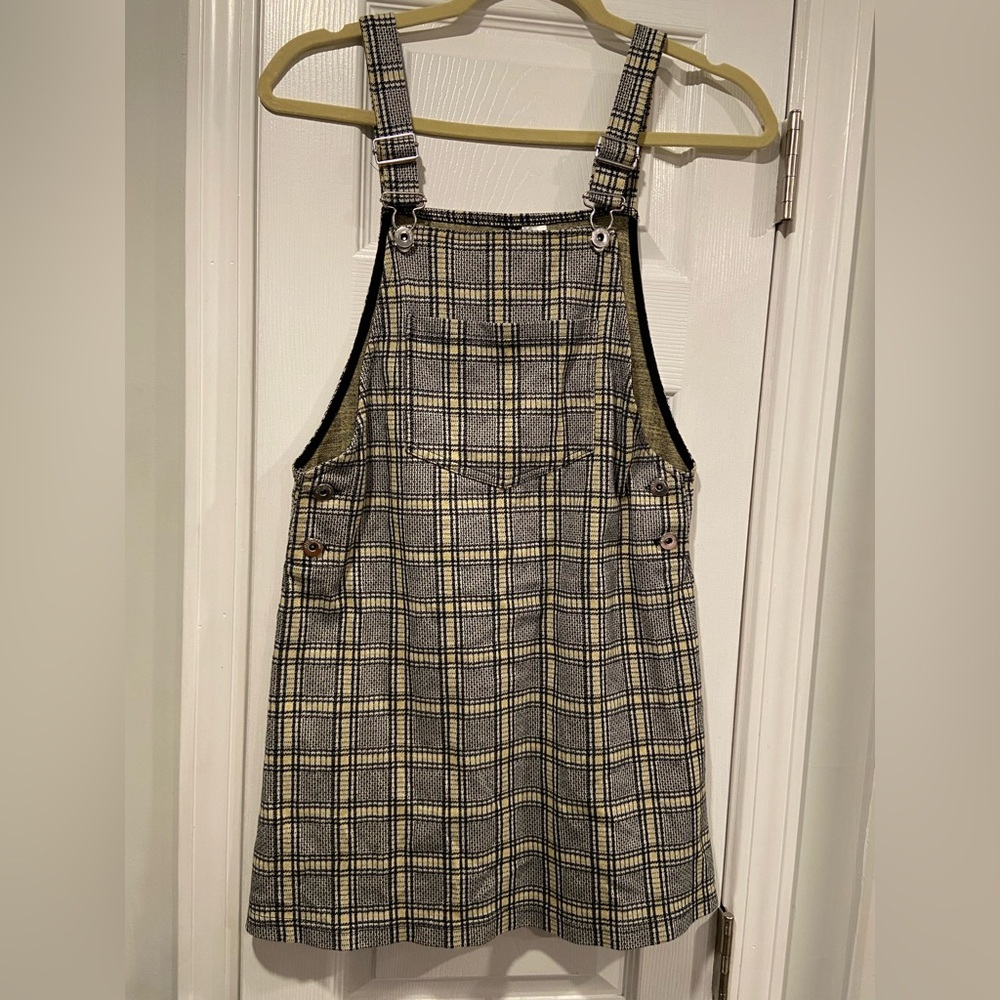 Divided Plaid Mini Pinafore Dress in Cream and Black